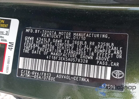 2010 Toyota Camry Le z USA, uszkodzony, nr VIN 4T1BF3EK5AU578328